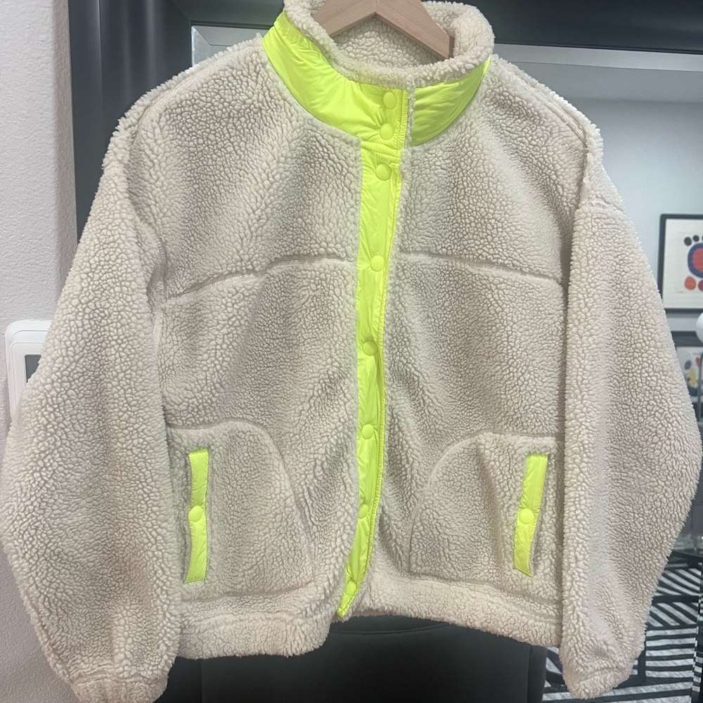 Old Navy Cream and Yellow Fleece Jacket with Stand-Up Collar